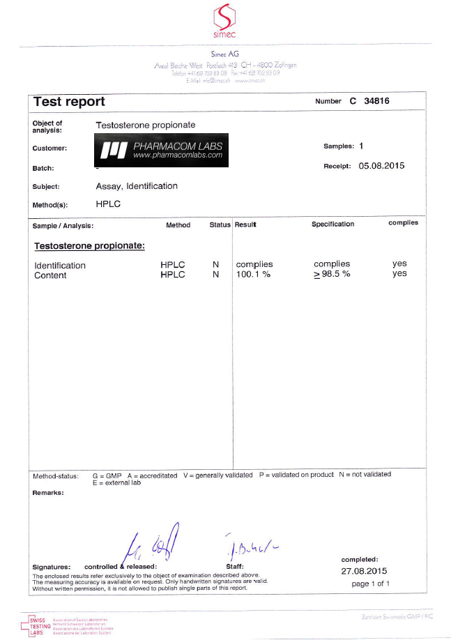 PHARMA TEST P 100 Testosterone propionate - purity report